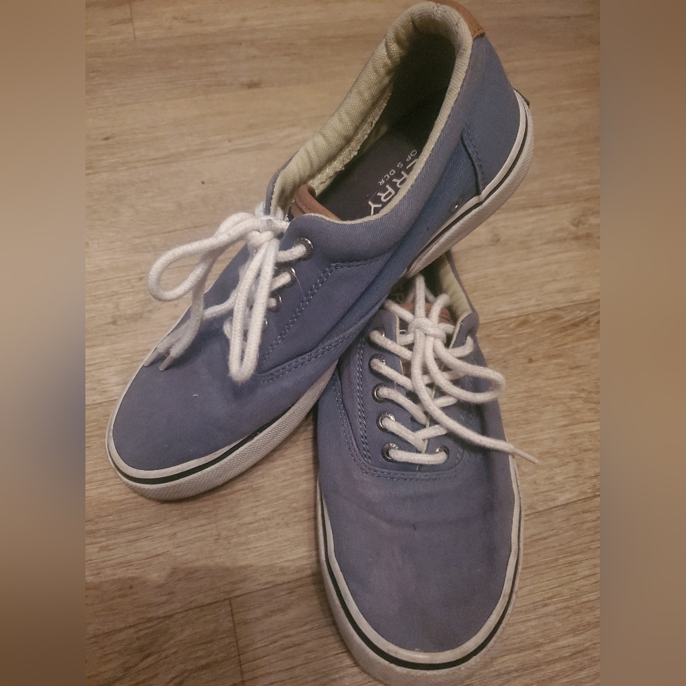 Sperry Mens Sneakers Size 8 Leather And Canvas DESTRESSED Blue White Tan